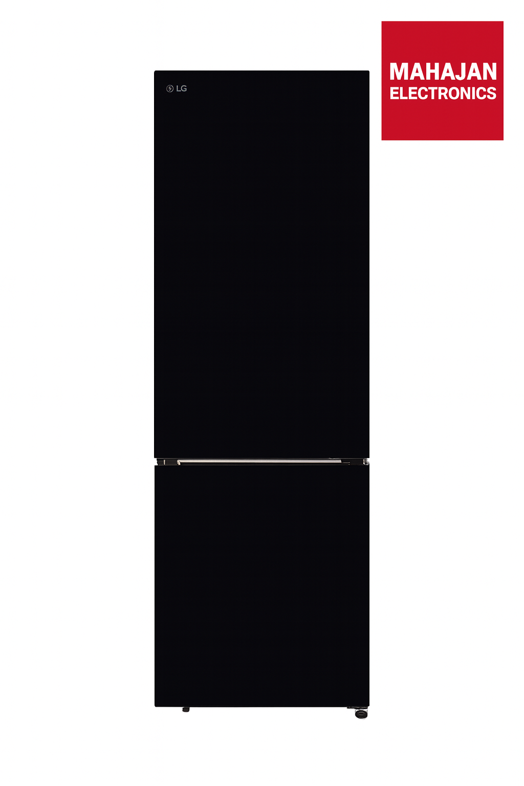 Black refrigerator with Mahajan Electronics logo on a white background