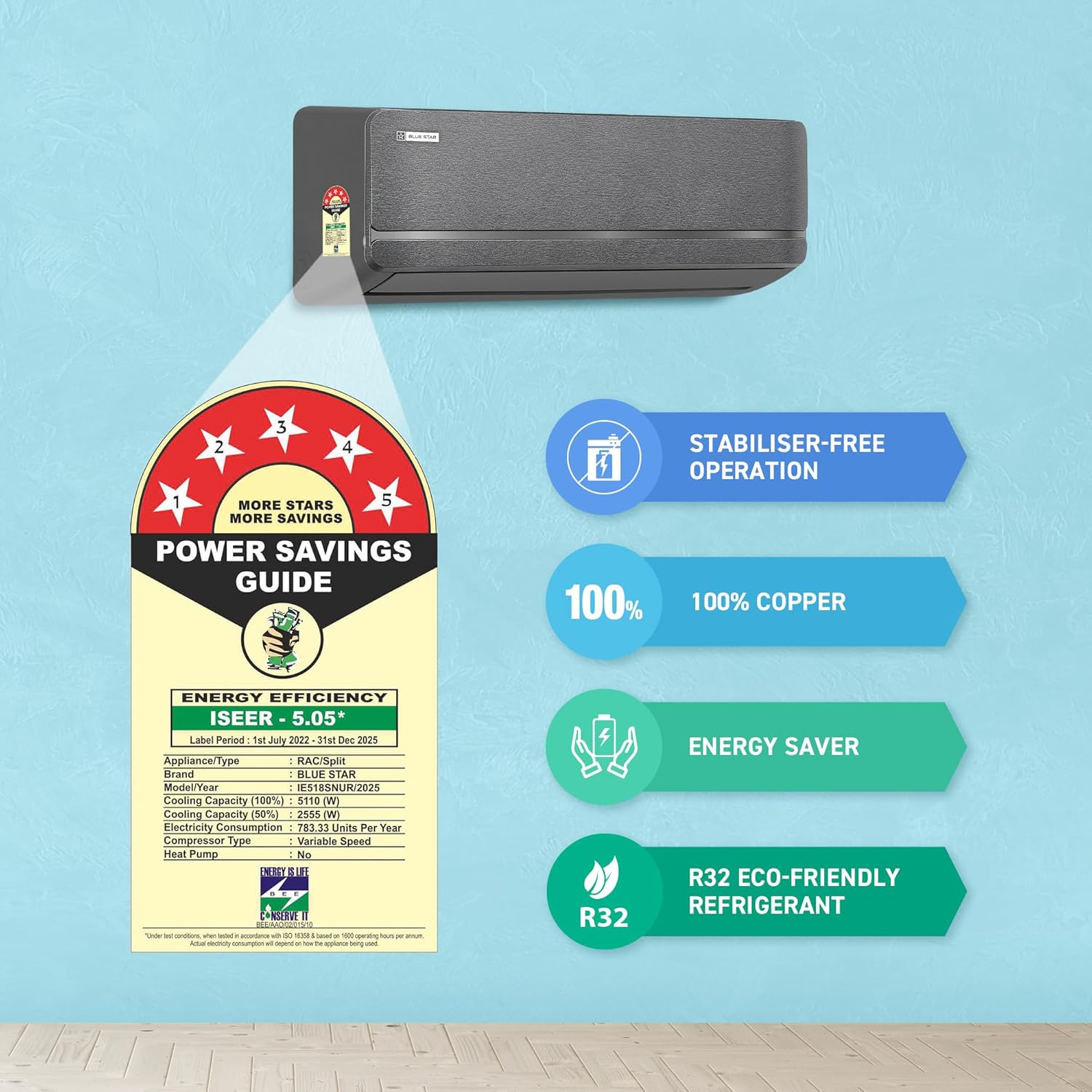 Blue Star IE518SNUR, Midnight Silver  1.5 Ton 5 Star, Iconia Inverter Split AC (Copper,4-Way Swing, DigiQ Hepta Sensor, Blue Fins,Turbo Cool, Self Clean Technology-Online Mahajan Electronics