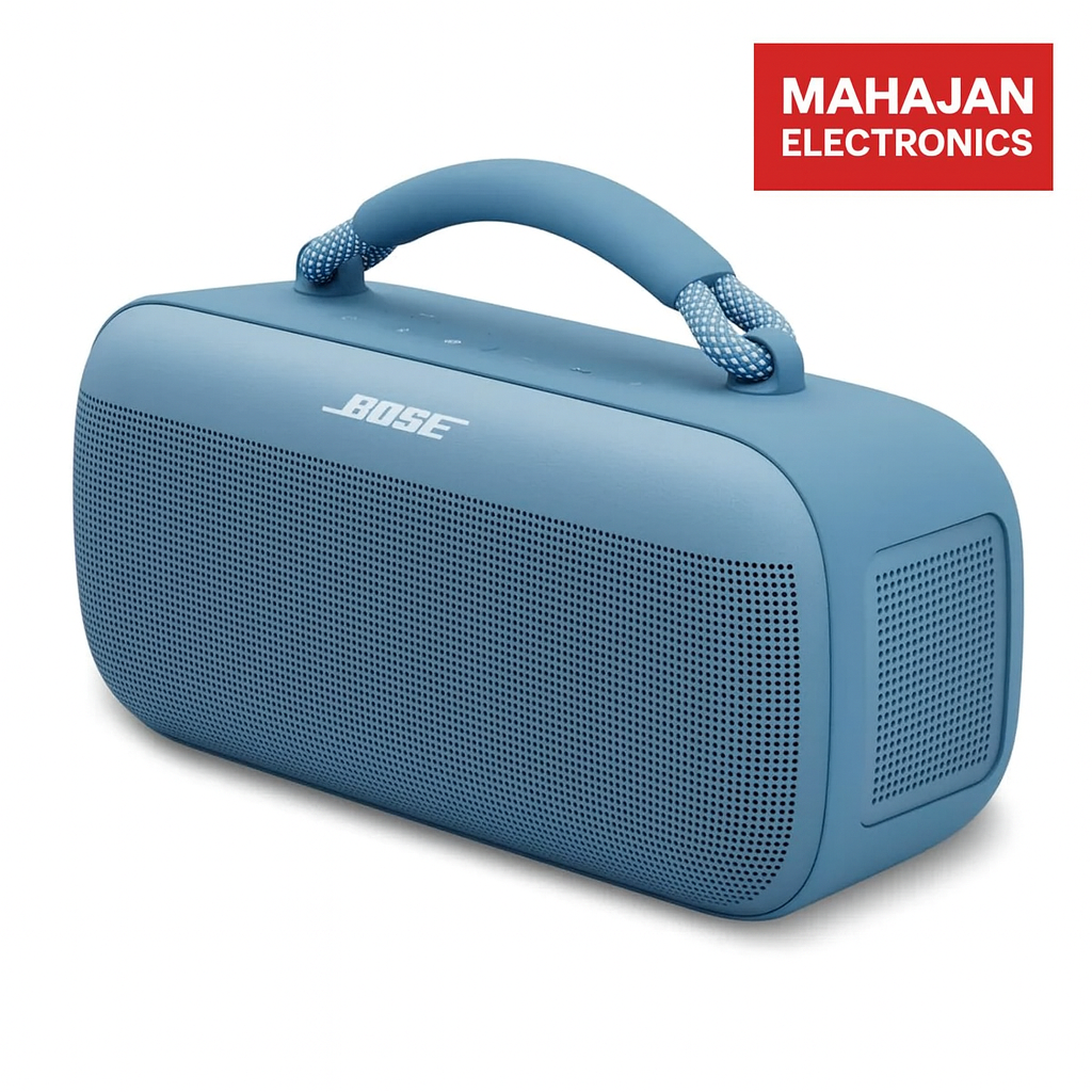 Blue Bose speaker with a handle on a white background, featuring the Mahajan Electronics logo.
