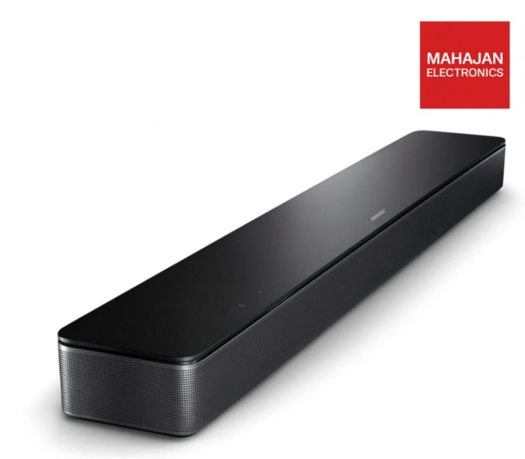 Black soundbar with Mahajan Electronics logo on a white background