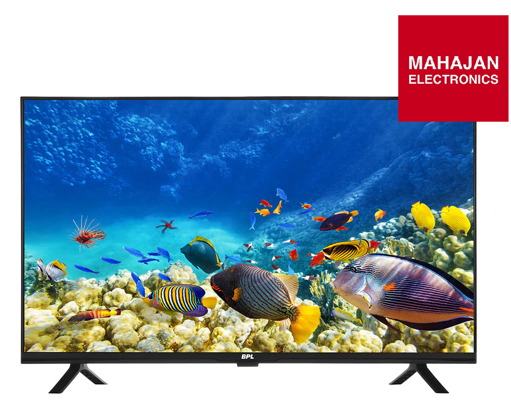 TV displaying an underwater scene with fish and coral, Mahajan Electronics logo above.