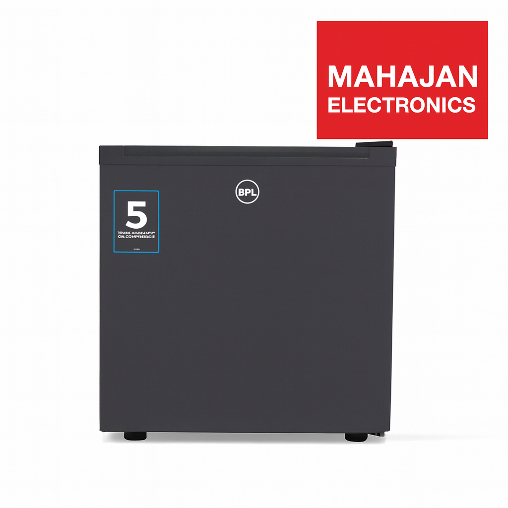 BPL 45 Litre Mini Bar Refrigerator in gray color with a curved front design and the brand's logo on the top corner.