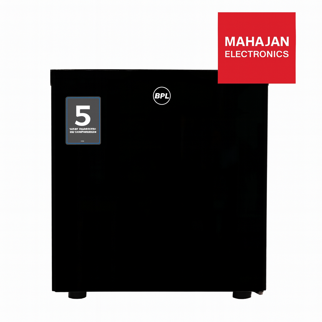 Black refrigerator with BPL logo and Mahajan Electronics branding on a white background
