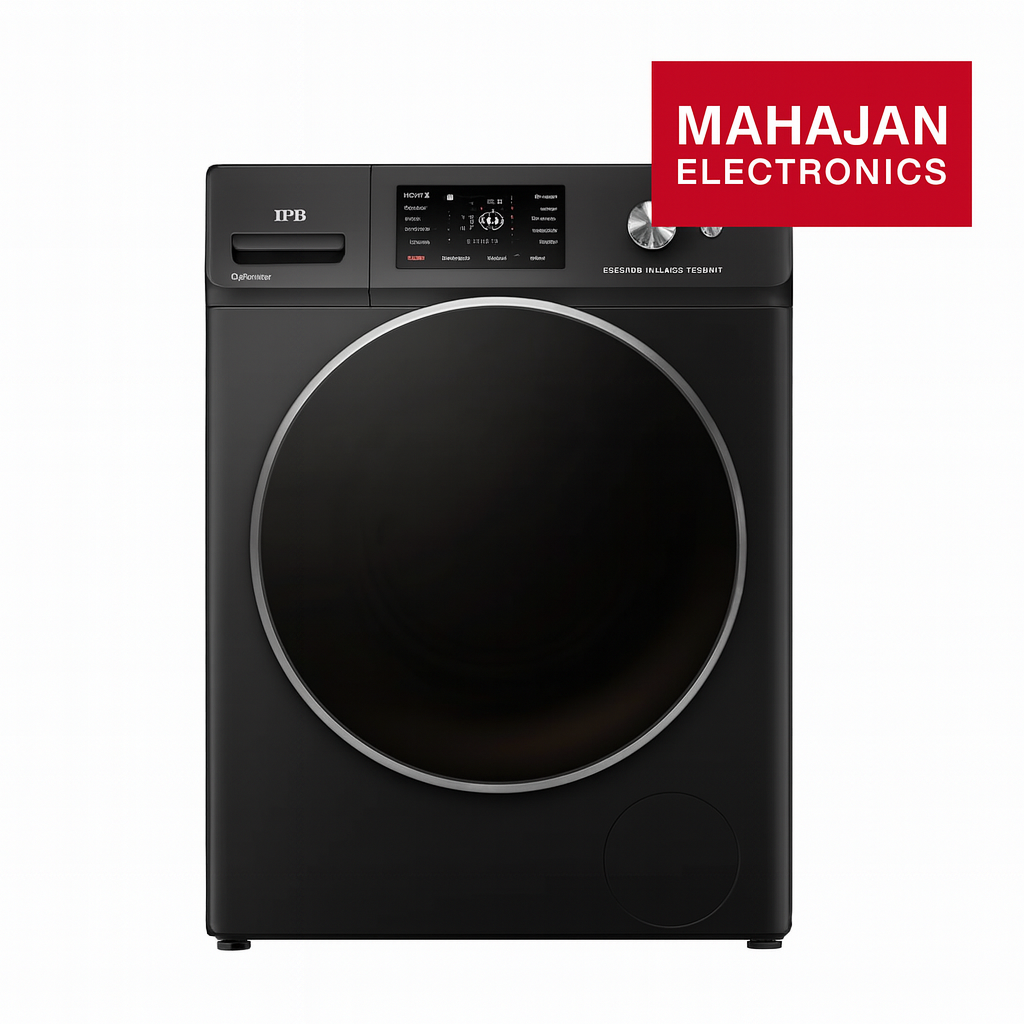 Black washing machine with Mahajan Electronics logo on a white background