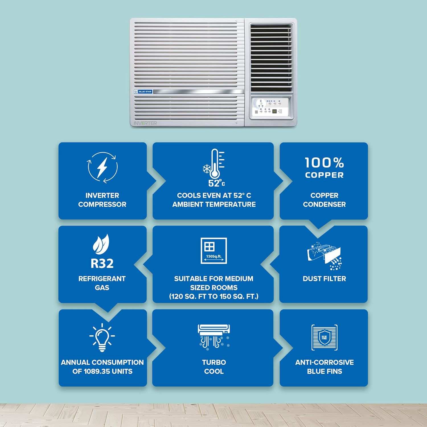 Blue Star WIE518L 1.5 Ton 5 Star Inverter Window AC | 5-in-1 Convertible Cooling | Copper Condenser | Turbo Cool | Dry Mode | R32 Refrigerant Bluestar