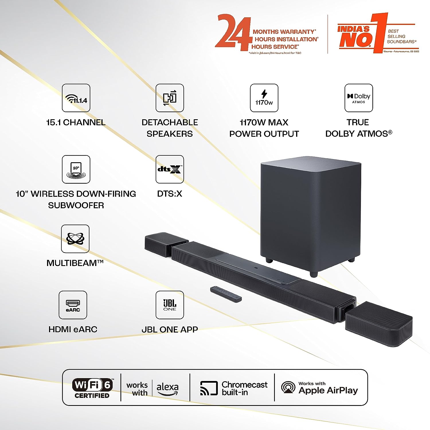 JBL Bar 1300, 11.1.4 Channel Truly Wireless Soundbar with True Dolby Atmos®, 10" Down-Firing Wireless Subwoofer,(1170W) - Mahajan Electronics Online