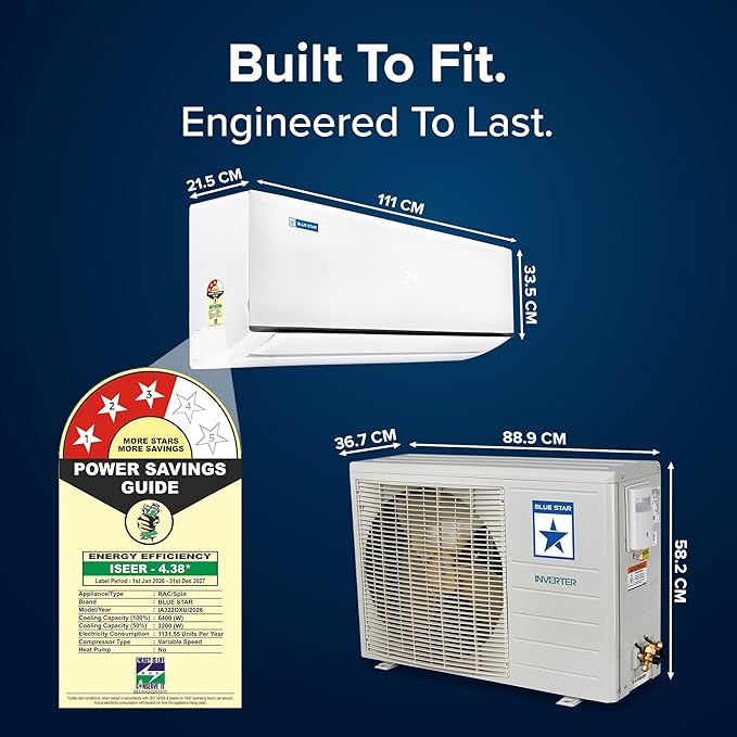 Blue Star IA322DXU 2 Ton 3 Star, New Star Rated, Smart Inverter Split AC (Copper,4-Way Swing, DigiQ Hepta Sensor, Blue Fins,Turbo Cool, Self Clean Technology ( White)-Online Mahajan Electronics