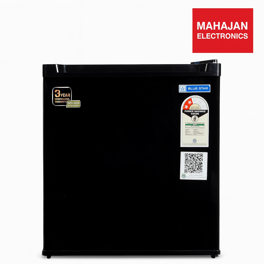 Black refrigerator with various labels on a white background, featuring the Mahajan Electronics brand.