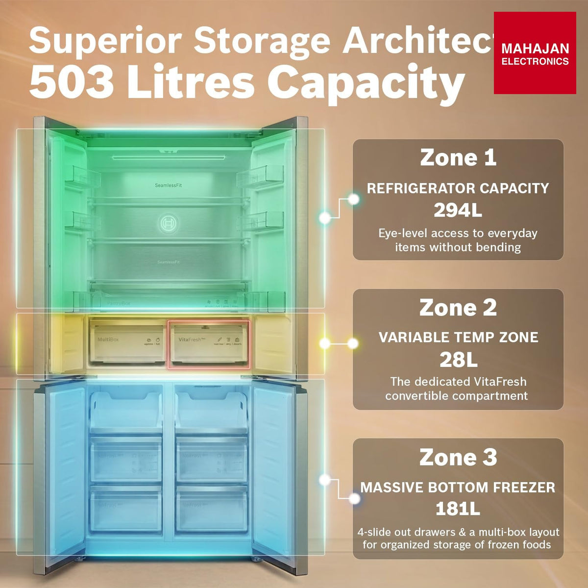 Bosch KCP88E292I 503L 4-Door Side-by-Side Frost Free Refrigerator – Metallic Grey Glass-Online Mahajan – Mahajan Electronics Online.
