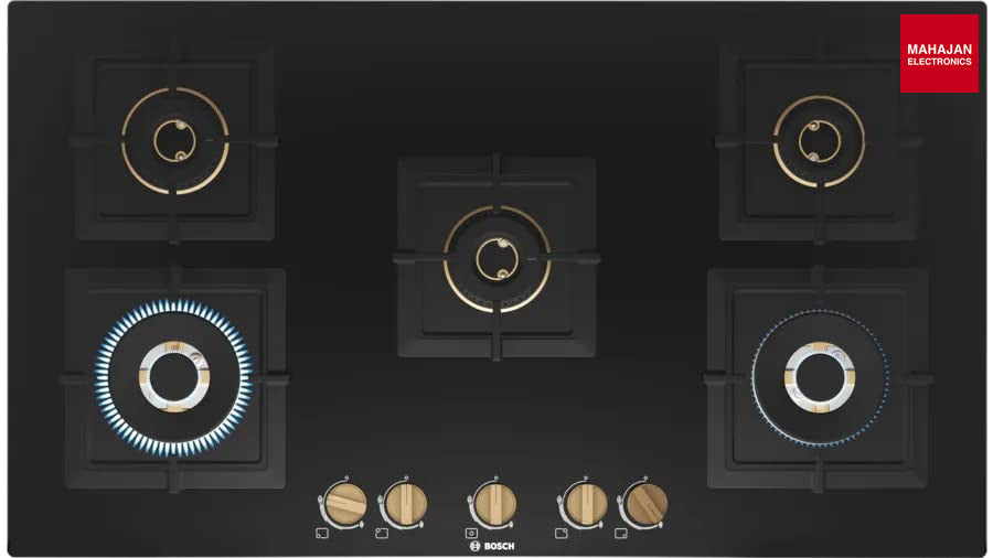 Bosch PNV9B6F20I 90cm Built-in Gas Hob | 5 Brass Burners | Auto Ignition | Tempered Glass | Flame Failure Safety | Cast Iron Support Bosch – Mahajan Electronics Online.