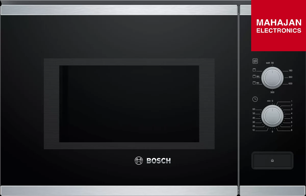 Bosch microwave oven with control panel on a black background, branded by Mahajan Electronics.