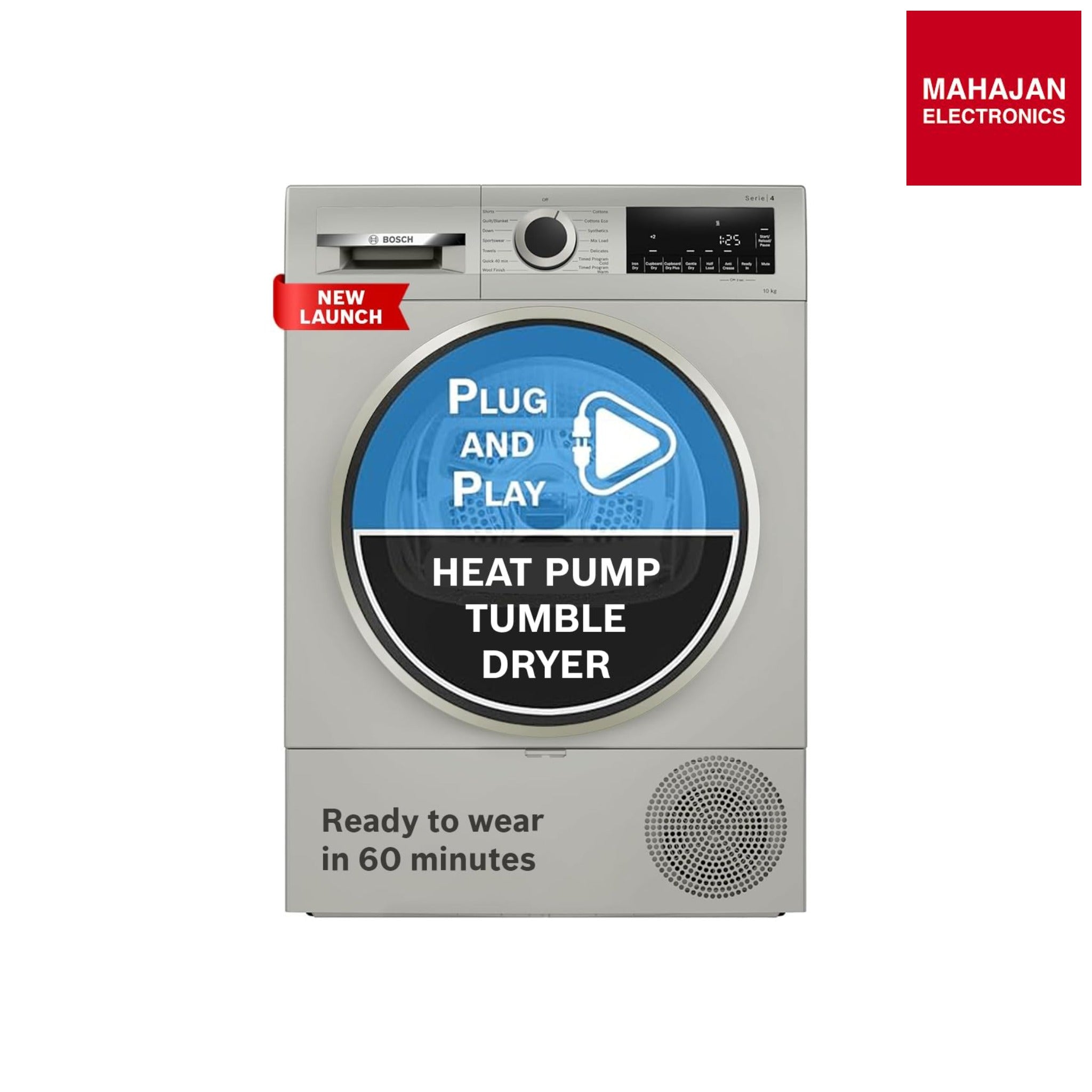 Bosch WQG2520XIN 10 kg Fully Automatic Front Load heat Pump Tumble Dryer | 100% Drying, 0% Effort | 5 Drying Options | Reduces 99.9% Allergens | Ready-to-Wear No Crease (2026 model,  Silver Inox)-Online Mahajan Electronics