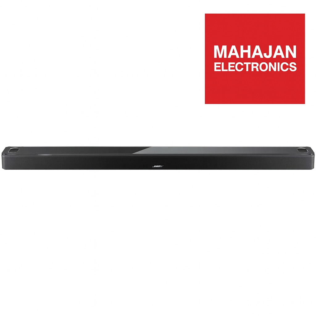 Black soundbar with Mahajan Electronics logo above on a white background