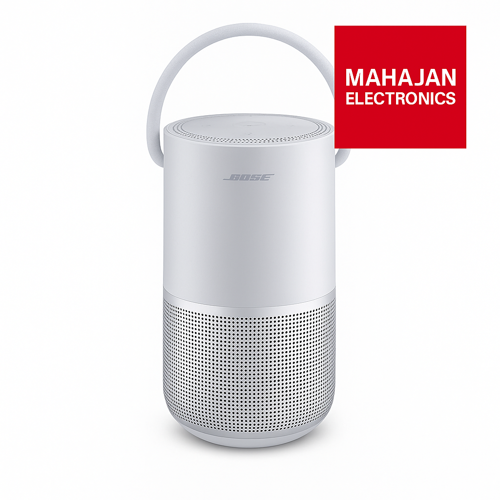 White portable speaker with Bose logo on a white background, featuring Mahajan Electronics logo.
