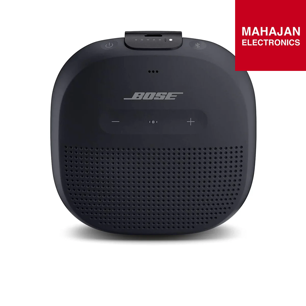 Black Bose speaker on a white background with Mahajan Electronics logo.