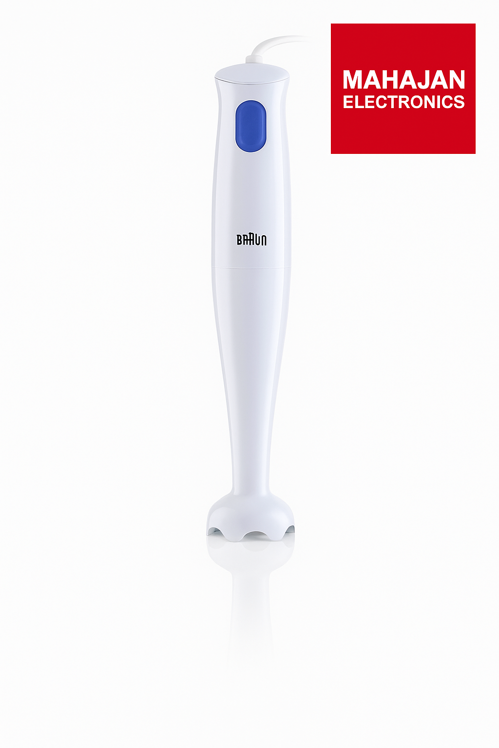 White handheld blender with blue button on a white background, featuring the Braun logo.