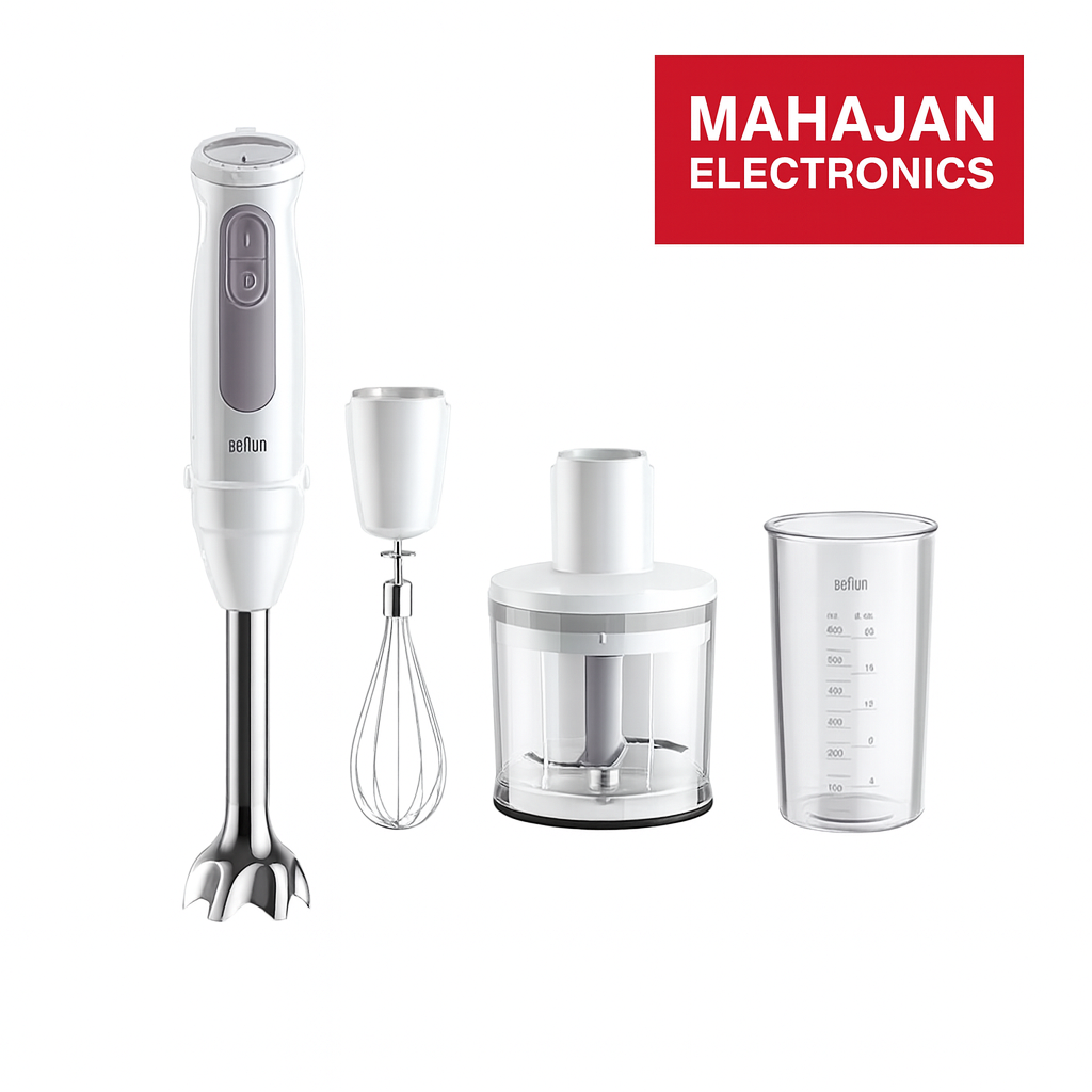 Set of kitchen hand blender with attachments on a white background, featuring the Mahajan Electronics logo.