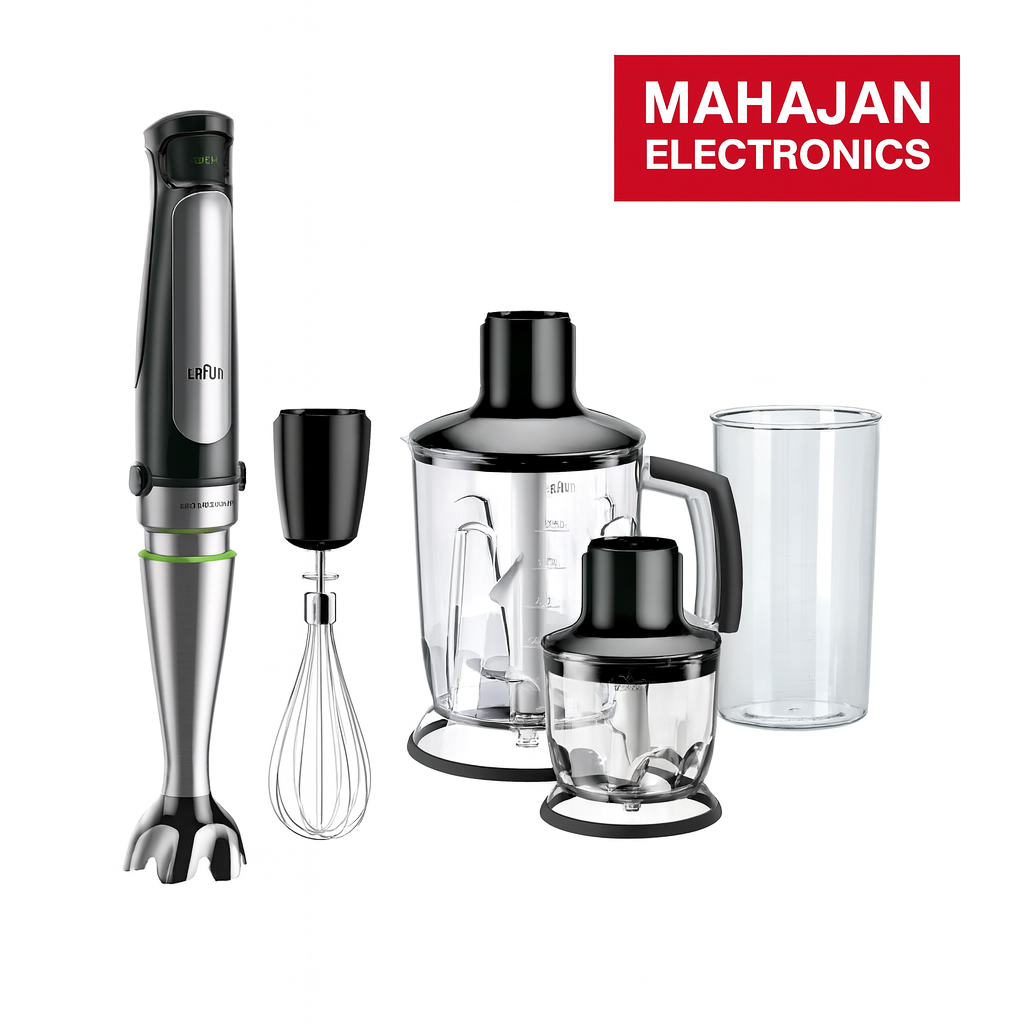 Set of kitchen appliances including a hand blender, whisk, and various attachments on a white background with Mahajan Electronics logo.