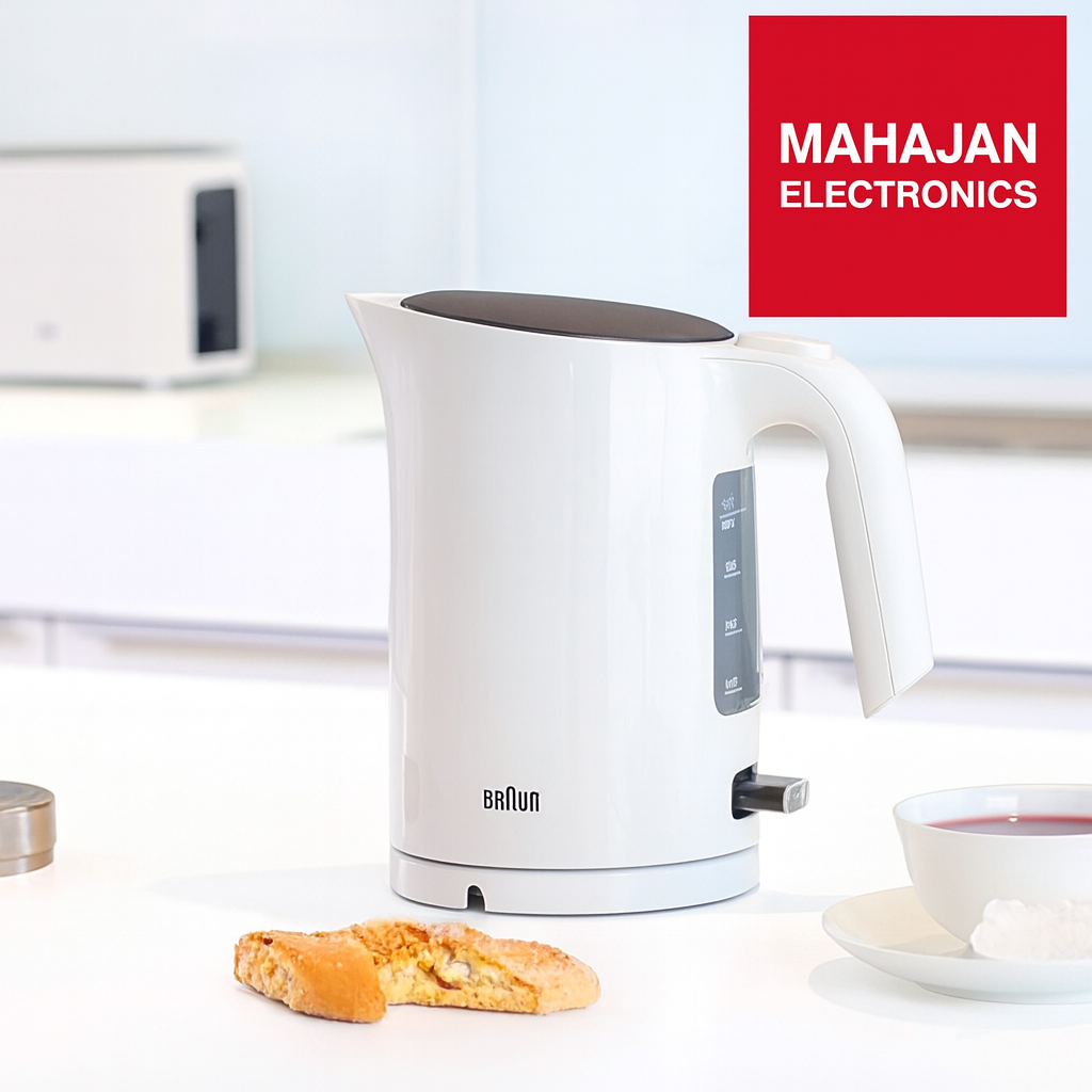 White electric kettle on a kitchen counter with a cup of tea and a pastry, branded with Mahajan Electronics.