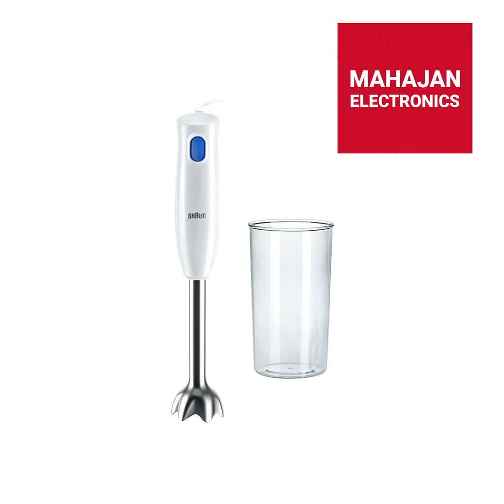 Hand blender with a clear container on a white background, featuring the Mahajan Electronics logo.