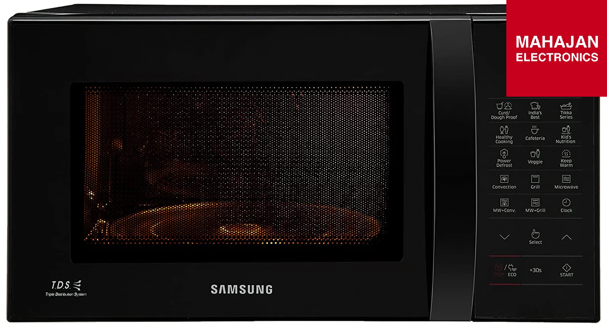 Samsung microwave oven with digital control panel on a black background, branded with Mahajan Electronics.