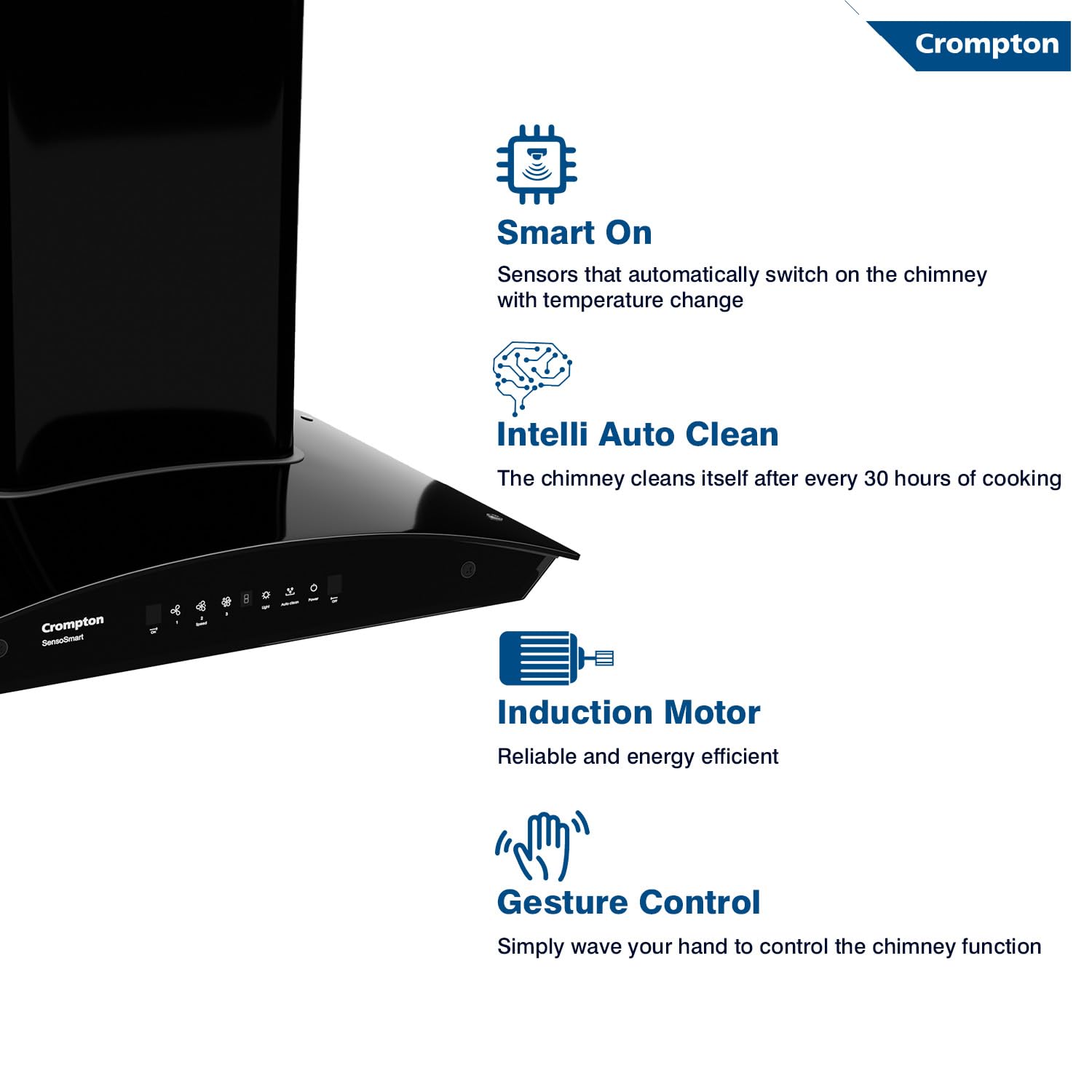 Crompton CHD-SSC60BFE-MBL SensoSmart Curved 60cm Chimney Baffle filter (Black), Free installation & Ducting kit,1260 m³/hr - Mahajan Electronics Online