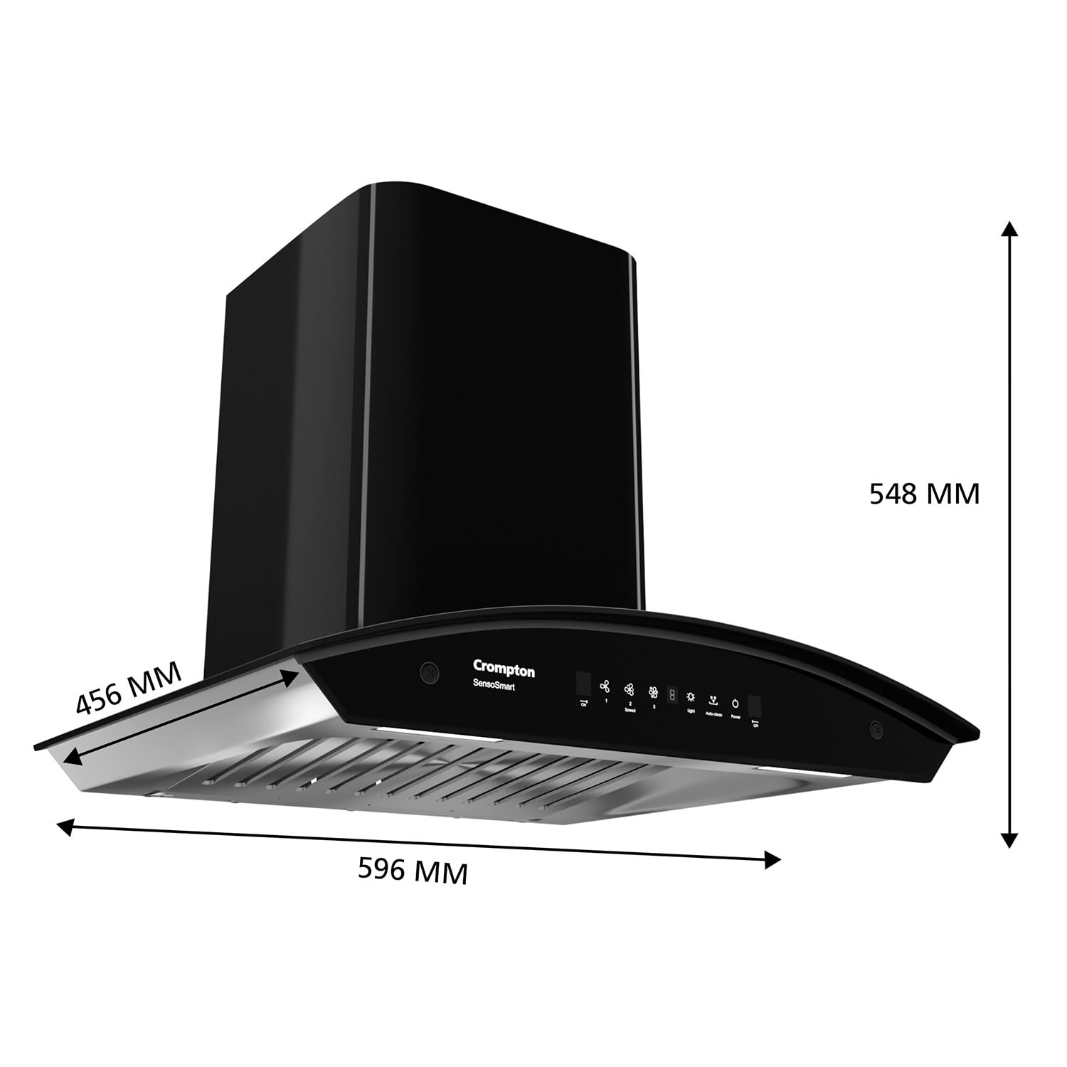 Crompton CHD-SSC60BFE-MBL SensoSmart Curved 60cm Chimney Baffle filter (Black), Free installation & Ducting kit,1260 m³/hr - Mahajan Electronics Online