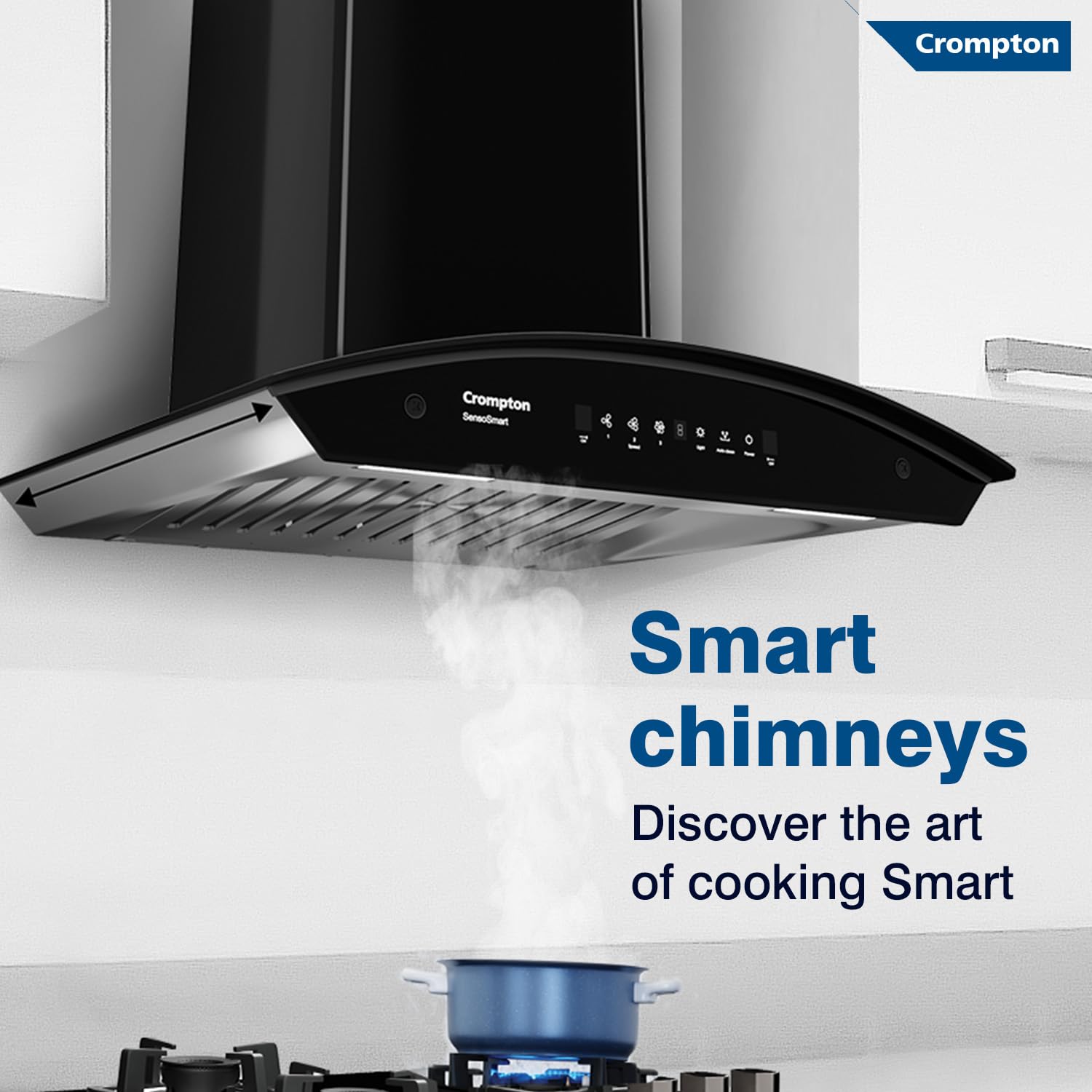 Crompton CHD-SSC60BFE-MBL SensoSmart Curved 60cm Chimney Baffle filter (Black), Free installation & Ducting kit,1260 m³/hr - Mahajan Electronics Online