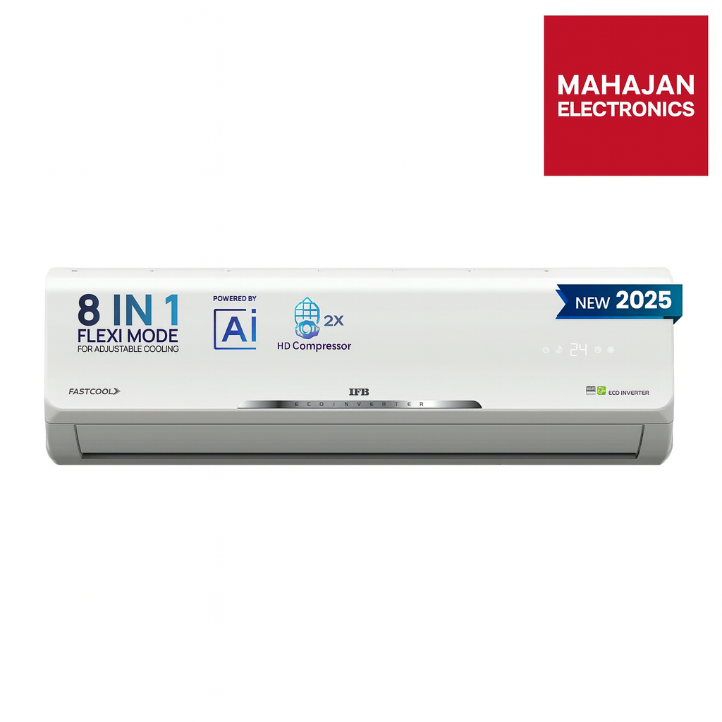 Splitside air conditioner with Mahajan Electronics logo on a white background