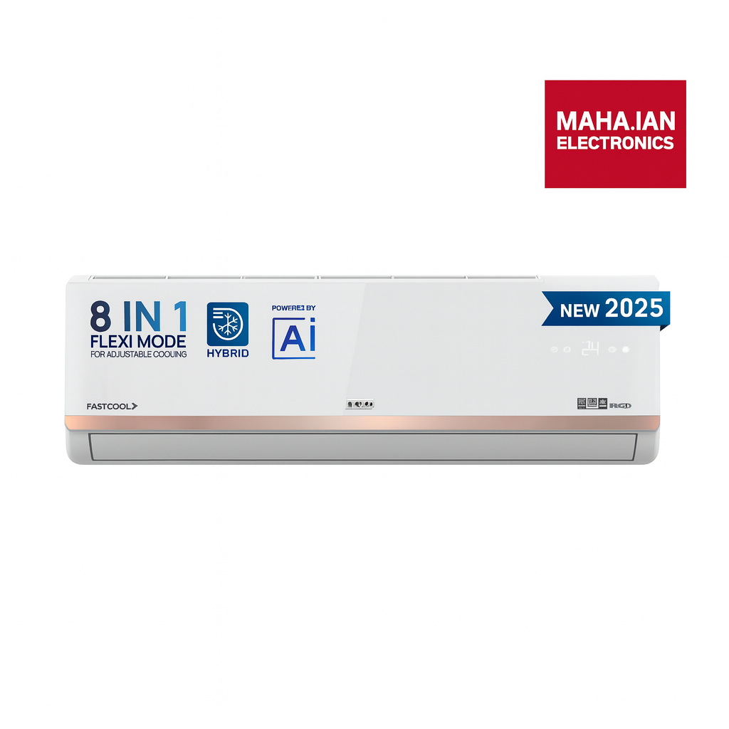 Air conditioner with MAHAJAN ELECTRONICS logo on a white background
