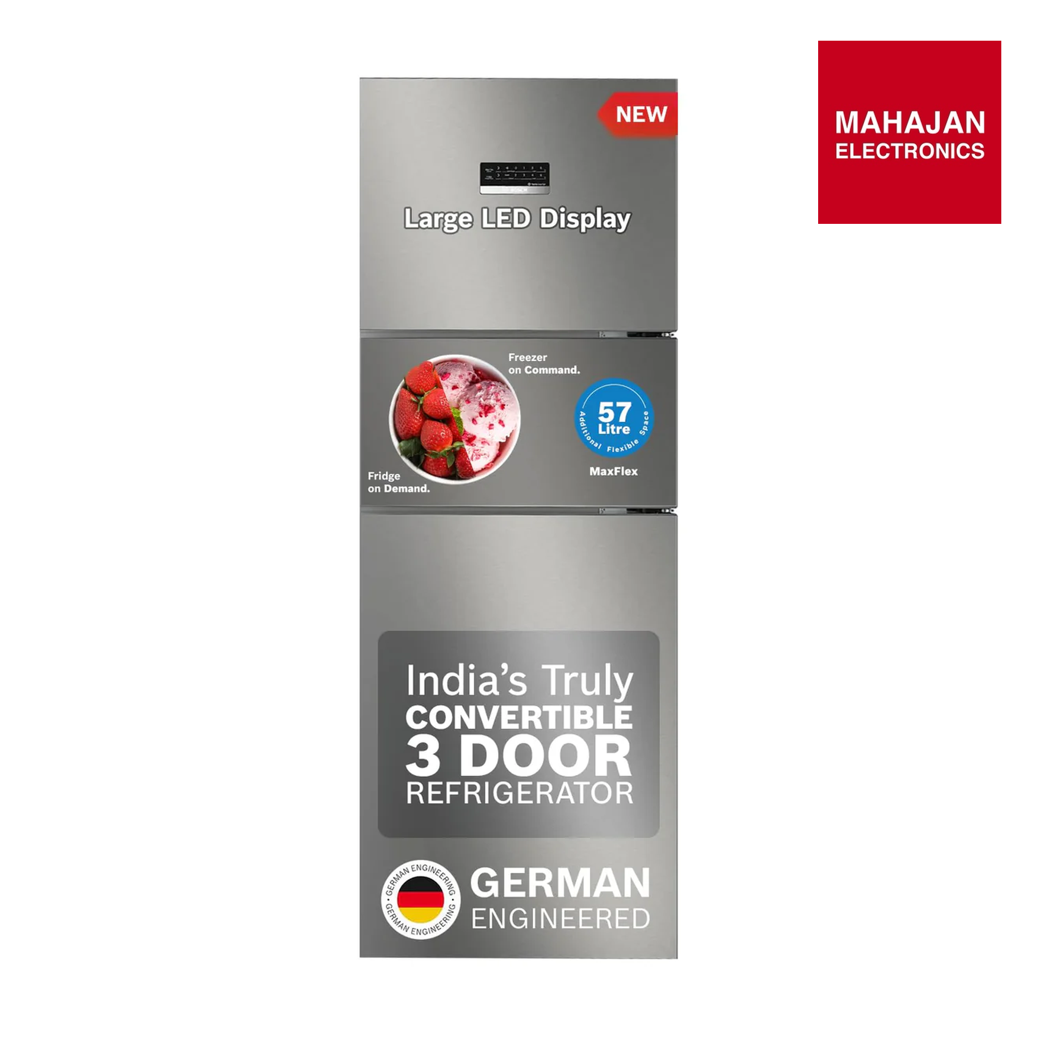 Bosch CMC33S03NI MaxFlex Convert 303L 3 Star Inverter Frost Free Triple Door Refrigerator ( 8-in-1 Convertible, UV Protected Body Shield, VitaFresh Technology, Adaptive UI, Sparkly Steel) Mahajan Electronics