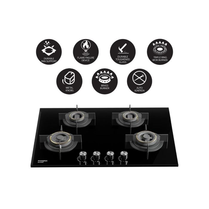 Crompton HOB-VNDC824-MBL 78 cm 4 Burner 4 Burners Built-in Gas Hob With High Efficiency Brass Burners, Auto-Ignition and 8 MM Toughened Glass  Mahajan Electronics Online