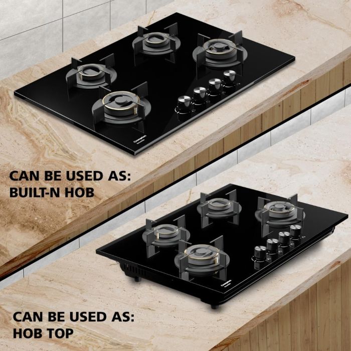 Crompton HOB-VNDC824-MBL 78 cm 4 Burner 4 Burners Built-in Gas Hob With High Efficiency Brass Burners, Auto-Ignition and 8 MM Toughened Glass  Mahajan Electronics Online
