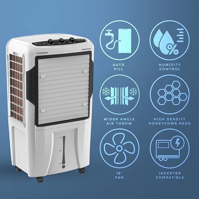 Crompton Optimus 80 Desert Air Cooler 80Litre | High density honeycomb| Auto fill| Water Level indicator| Fully collapsible Louvers| 4 way Air deflection| Humidity control| Cooling mode & Auto Swing-Online Mahajan Electronics