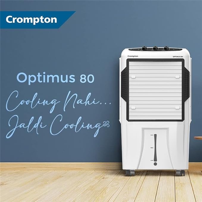 Crompton Optimus 80 Desert Air Cooler 80Litre | High density honeycomb| Auto fill| Water Level indicator| Fully collapsible Louvers| 4 way Air deflection| Humidity control| Cooling mode & Auto Swing-Online Mahajan Electronics
