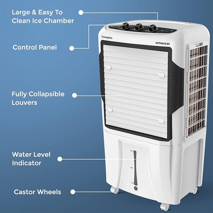 Crompton Optimus 80 Desert Air Cooler 80Litre | High density honeycomb| Auto fill| Water Level indicator| Fully collapsible Louvers| 4 way Air deflection| Humidity control| Cooling mode & Auto Swing-Online Mahajan Electronics