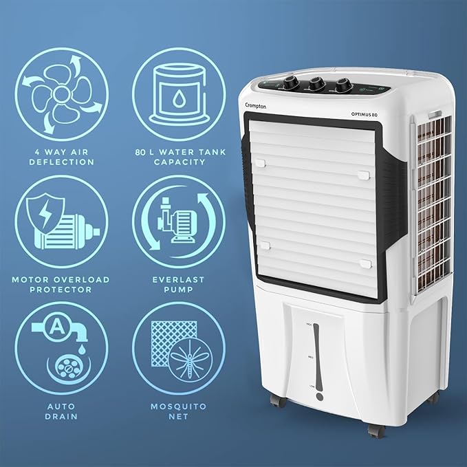 Crompton Optimus 80 Desert Air Cooler 80Litre | High density honeycomb| Auto fill| Water Level indicator| Fully collapsible Louvers| 4 way Air deflection| Humidity control| Cooling mode & Auto Swing-Online Mahajan Electronics