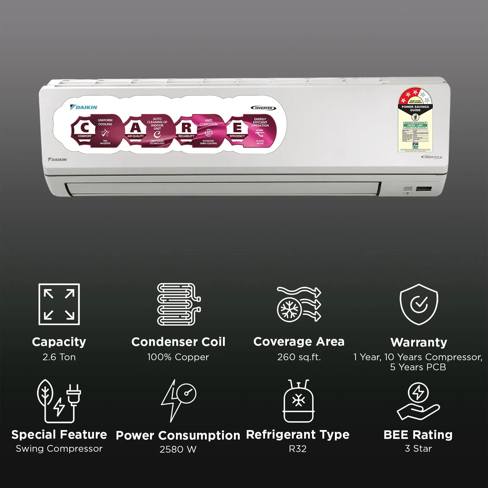Daikin FTKL90XV16LAA 2.6 Ton 4 (2026) Star Inverter Split AC with PM 2.5 Filter, 16m Air Throw, Swing Compressor & Ambient Cooling up to 52°C-Online Mahajan Electronics