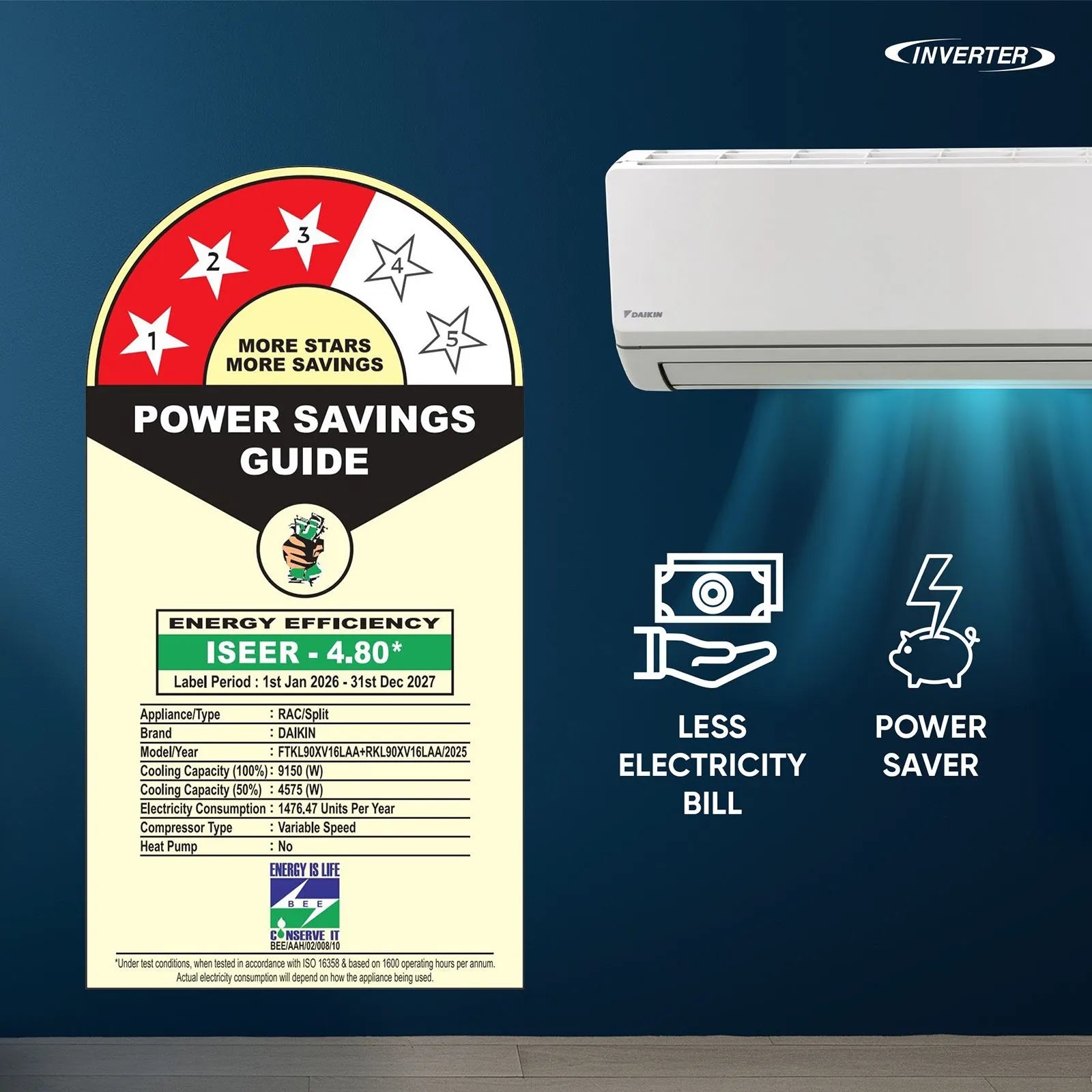Daikin FTKL90XV16LAA 2.6 Ton 4 (2026) Star Inverter Split AC with PM 2.5 Filter, 16m Air Throw, Swing Compressor & Ambient Cooling up to 52°C-Online Mahajan Electronics