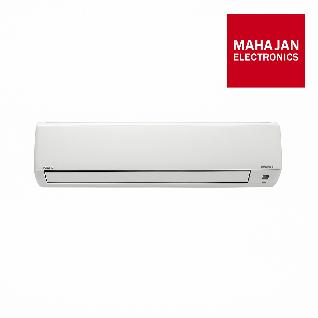 White air conditioner with Mahajan Electronics logo on a white background