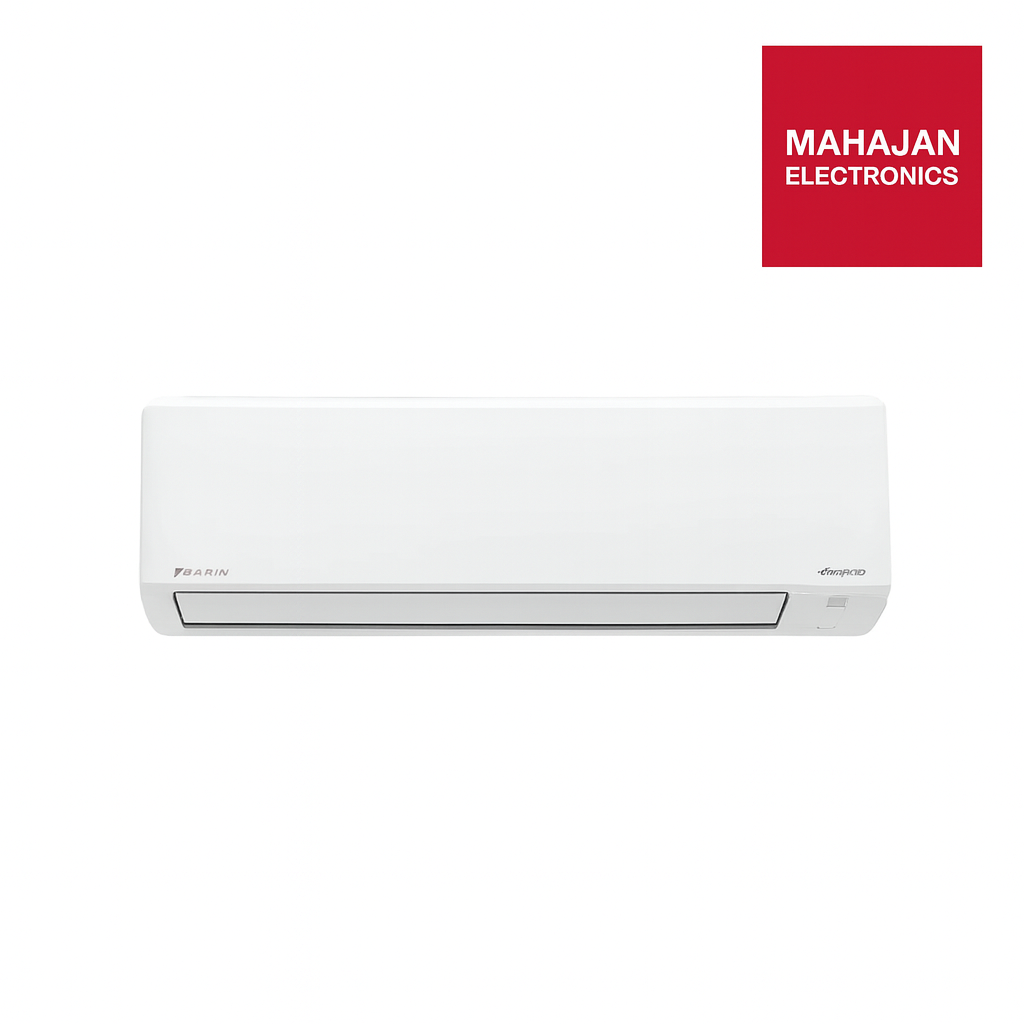 White air conditioner with Mahajan Electronics logo on a white background