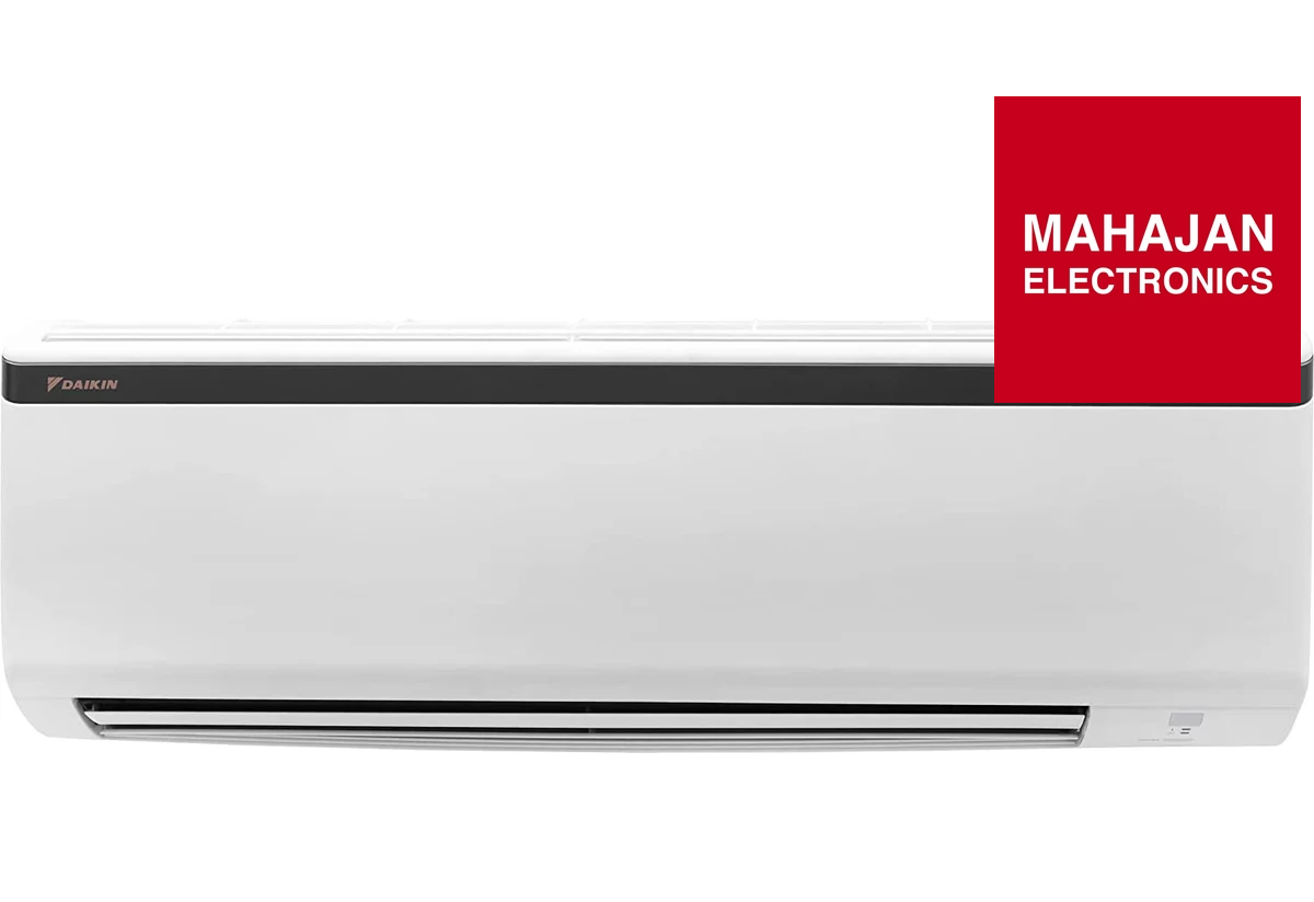 White air conditioner with Mahajan Electronics logo on a white background