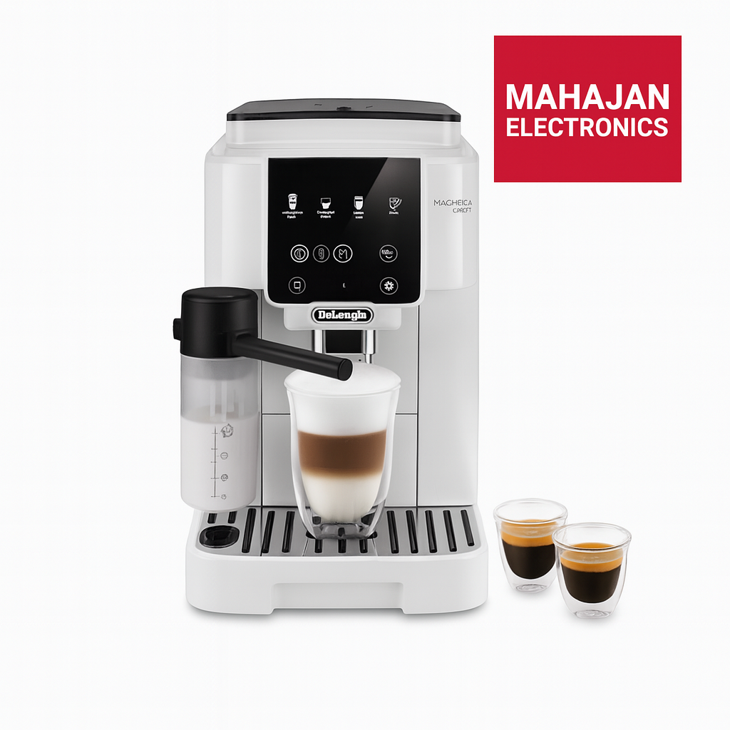 White De'Longhi coffee machine with a glass of coffee and two cups on a white background, featuring the Mahajan Electronics logo.