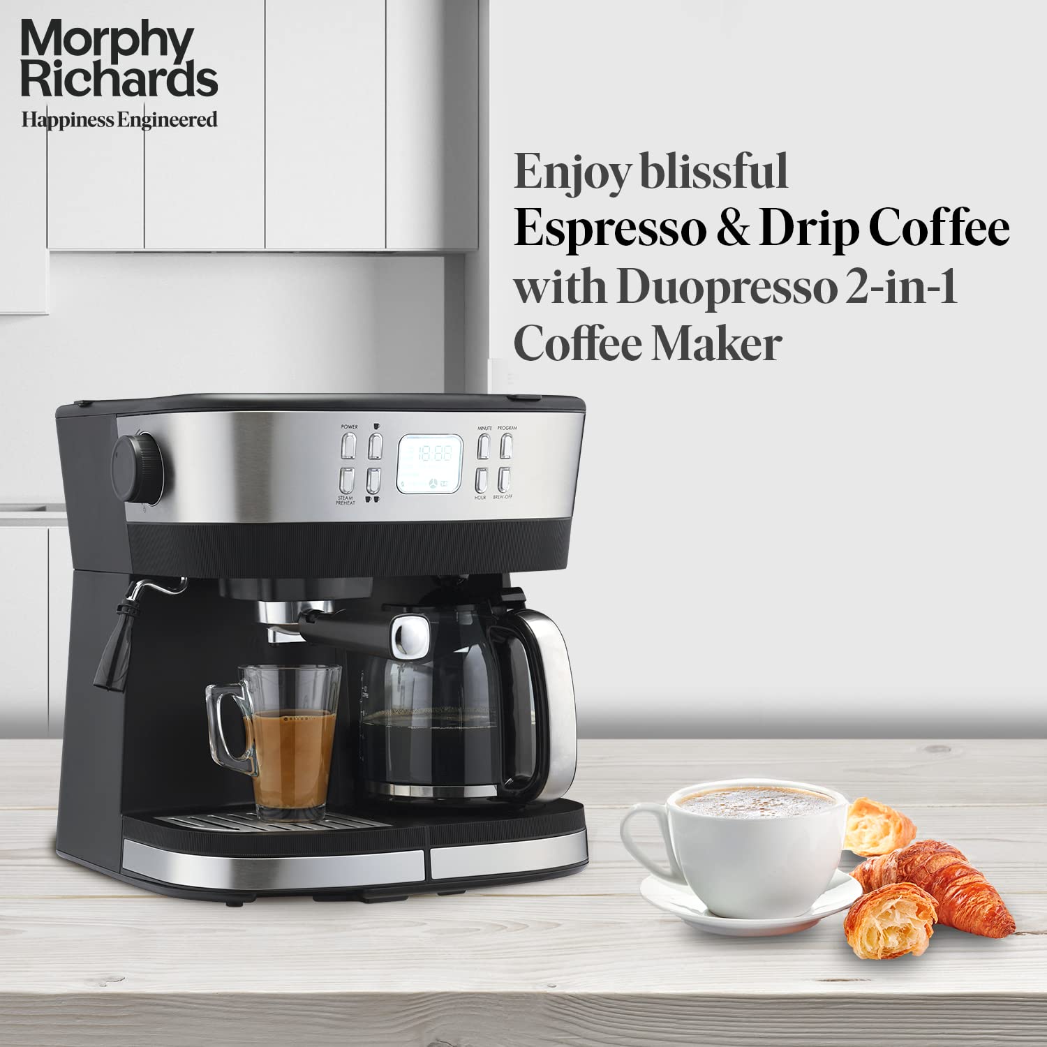 Morphy Richards DuoPresso 2-in-1 Coffee Maker|Drip & Espresso| 15 bar Pressure| Digital Display|Removable Drip Tray| Upto 10 cups* of Coffee| Keep Warm Tray| 2-Yr Warranty by Brand|Black - Mahajan Electronics Online