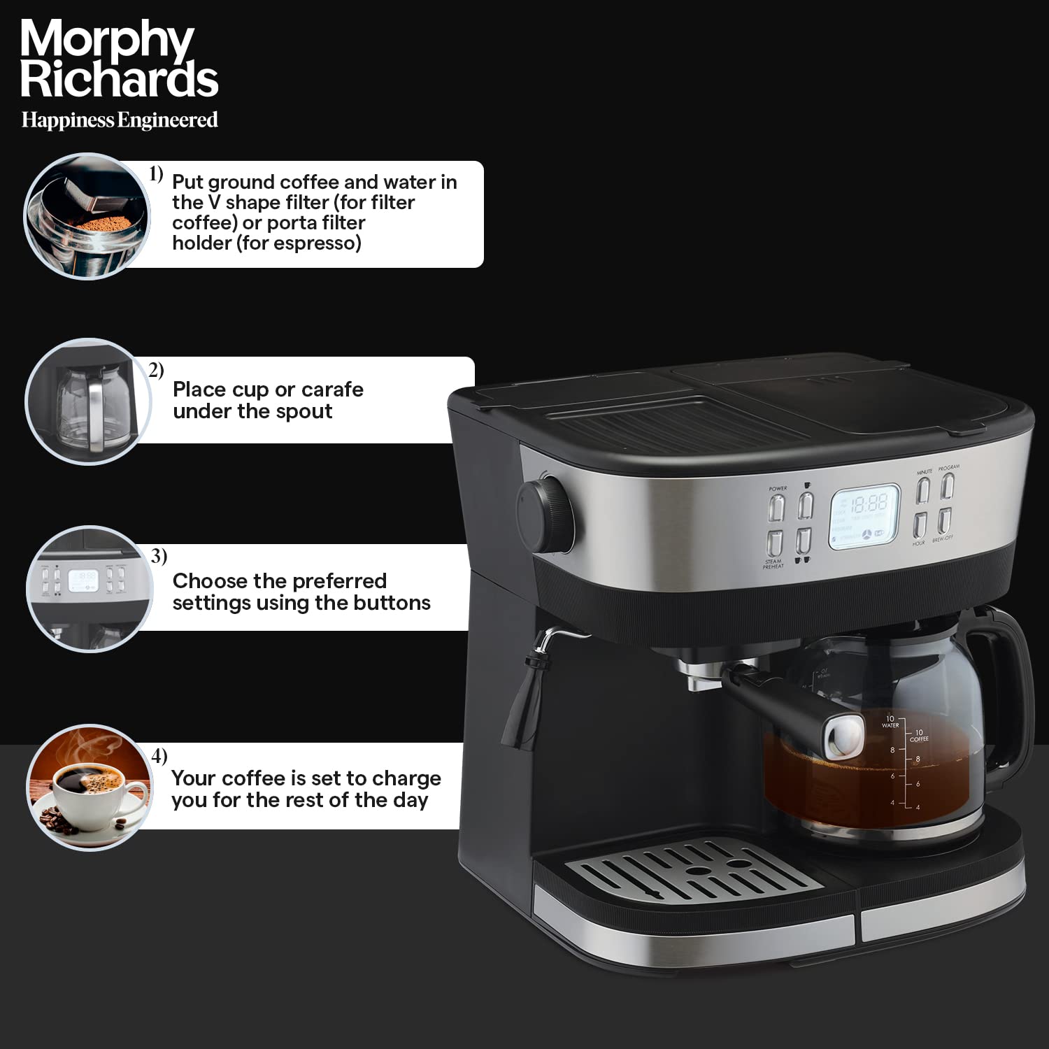 Morphy Richards DuoPresso 2-in-1 Coffee Maker|Drip & Espresso| 15 bar Pressure| Digital Display|Removable Drip Tray| Upto 10 cups* of Coffee| Keep Warm Tray| 2-Yr Warranty by Brand|Black - Mahajan Electronics Online