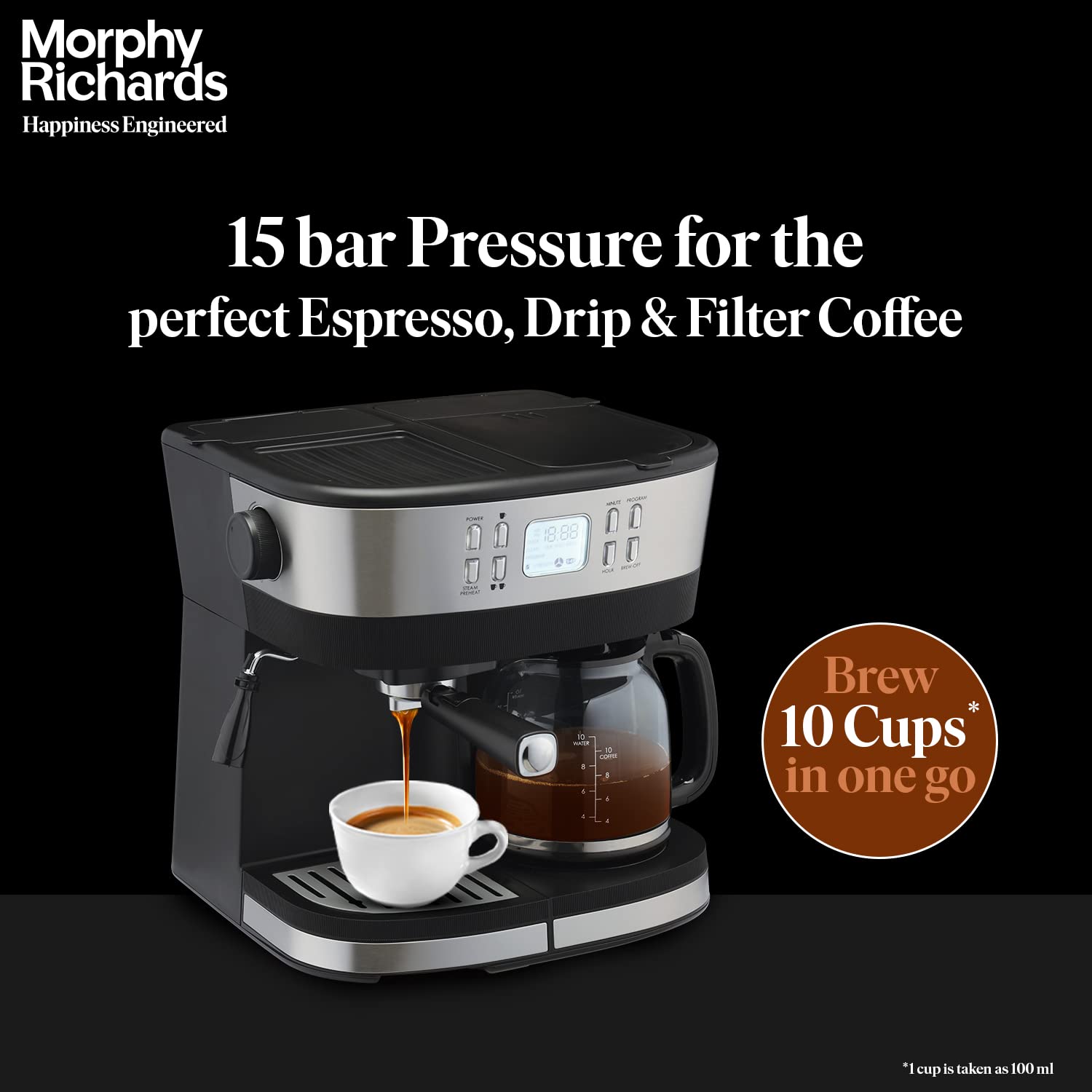 Morphy Richards DuoPresso 2-in-1 Coffee Maker|Drip & Espresso| 15 bar Pressure| Digital Display|Removable Drip Tray| Upto 10 cups* of Coffee| Keep Warm Tray| 2-Yr Warranty by Brand|Black