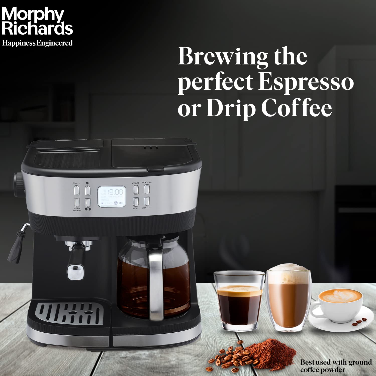 Morphy Richards DuoPresso 2-in-1 Coffee Maker|Drip & Espresso| 15 bar Pressure| Digital Display|Removable Drip Tray| Upto 10 cups* of Coffee| Keep Warm Tray| 2-Yr Warranty by Brand|Black - Mahajan Electronics Online