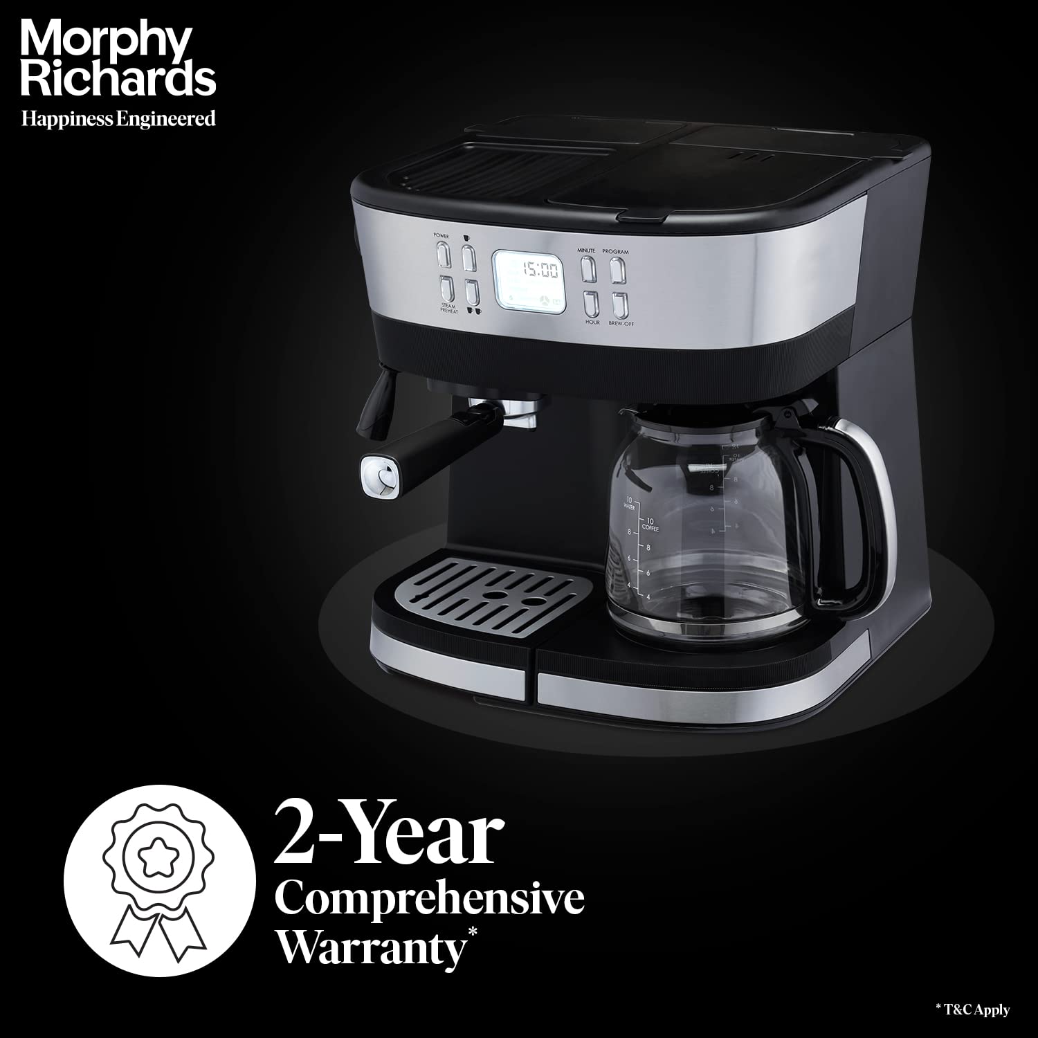 Morphy Richards DuoPresso 2-in-1 Coffee Maker|Drip & Espresso| 15 bar Pressure| Digital Display|Removable Drip Tray| Upto 10 cups* of Coffee| Keep Warm Tray| 2-Yr Warranty by Brand|Black