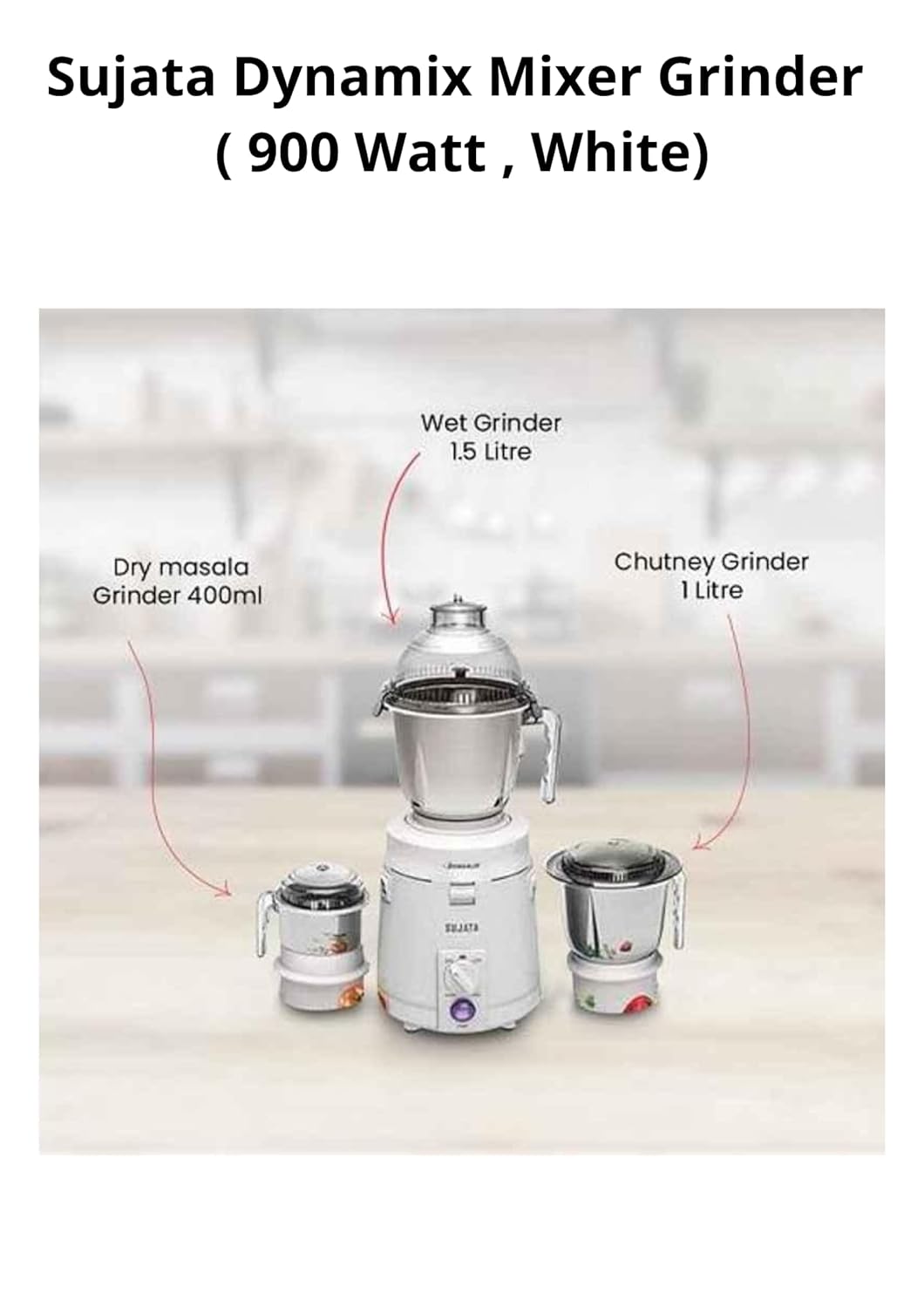 Sujata Dynamix, Mixer Grinder, 900 Watts, 3 Jars (White) - Mahajan Electronics Online