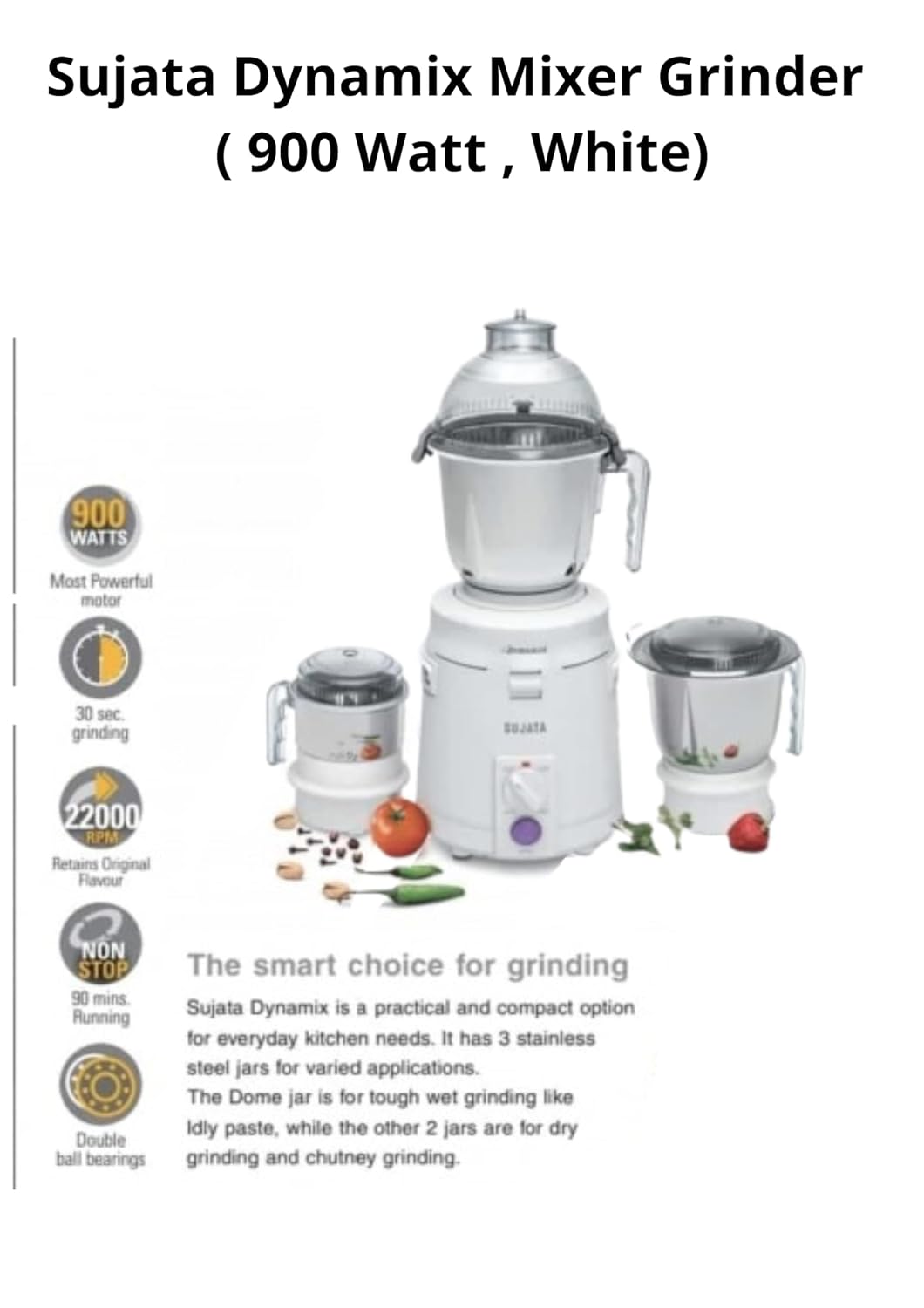 Sujata Dynamix, Mixer Grinder, 900 Watts, 3 Jars (White) - Mahajan Electronics Online